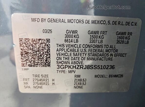 3GPKHZRJ8SS510236 2025 HONDA PROLOGUE Синий Вид наклейки с VIN-кодом