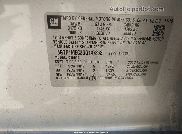 3GTP1MEC3GG147862 2016 GMC SIERRA Silver Engine compartment view