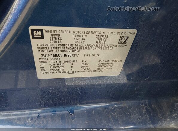 3GTP1MEC3HG207317 2017 GMC SIERRA Blue Vista del compartimento del motor