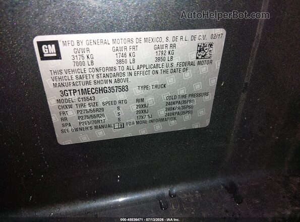 3GTP1MEC6HG357583 2017 GMC SIERRA Gray ძრავის განყოფილების ხედი