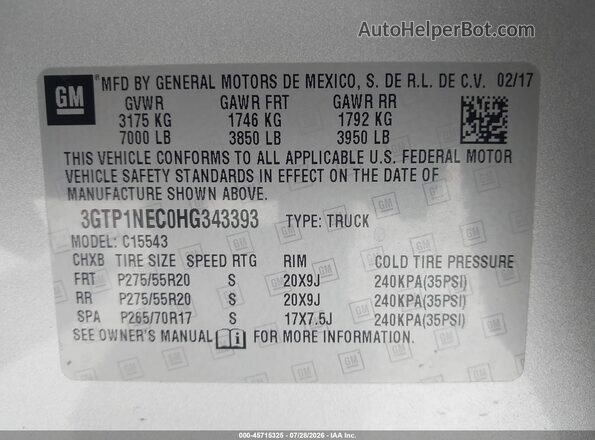 3GTP1NEC0HG343393 2017 GMC SIERRA Silver ძრავის განყოფილების ხედი