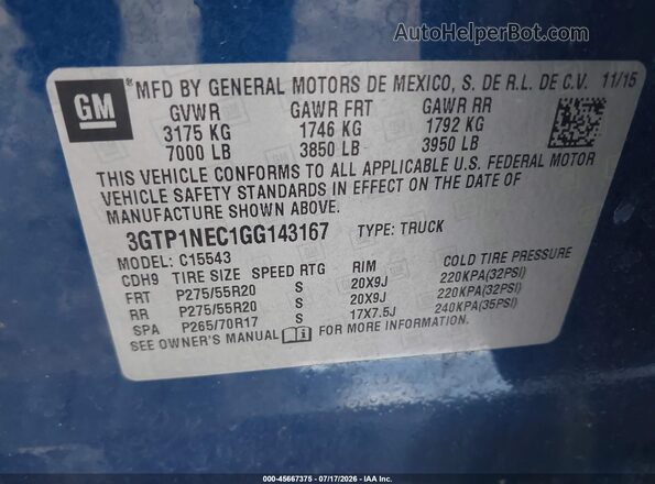3GTP1NEC1GG143167 2016 GMC SIERRA Blue ძრავის განყოფილების ხედი