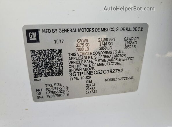 3GTP1NEC5JG192752 2018 GMC SIERRA White ძრავის განყოფილების ხედი