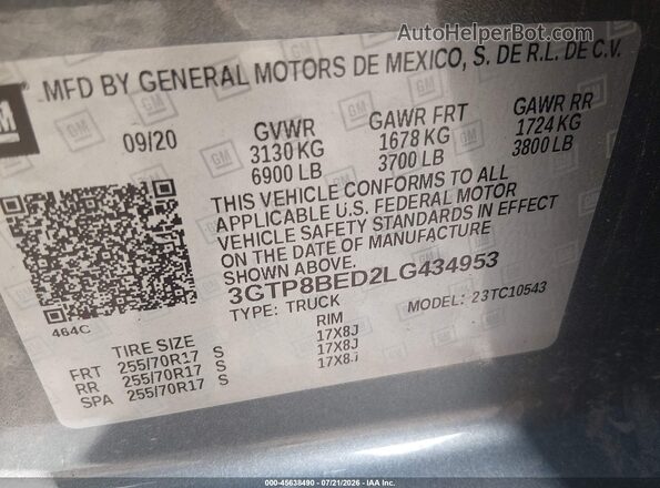 3GTP8BED2LG434953 2020 GMC SIERRA Gray Вид підкапотного простору