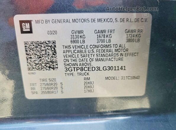 3GTP8CED3LG301141 2020 GMC SIERRA Blue Vista del compartimento del motor