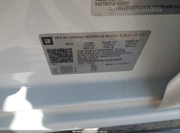 3GTP8CED4LG122932 2020 GMC SIERRA White Vista del compartimento del motor