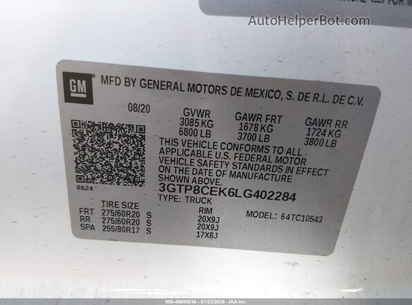 3GTP8CEK6LG402284 2020 GMC SIERRA White Vista del compartimento del motor