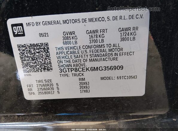 3GTP8CEK6MG356909 2021 GMC SIERRA Black Engine compartment view