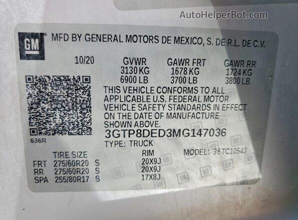 3GTP8DED3MG147036 2021 GMC SIERRA Silver Вид підкапотного простору