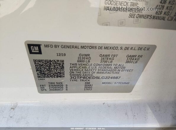 3GTP8DED5LG224987 2020 GMC SIERRA White Vista del compartimento del motor