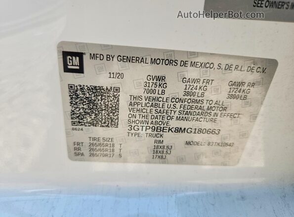 3GTP9BEK8MG180663 2021 GMC SIERRA White Вид підкапотного простору