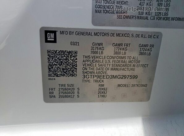 3GTP9EED3MG297599 2021 GMC SIERRA White Widok komory silnika