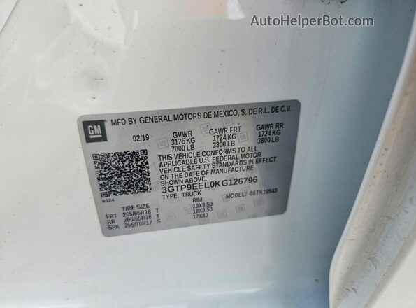 3GTP9EEL0KG126796 2019 GMC SIERRA White Widok komory silnika