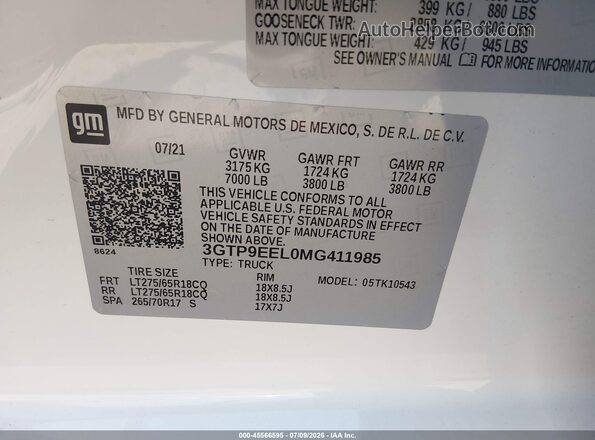 3GTP9EEL0MG411985 2021 GMC SIERRA White Vista del compartimento del motor