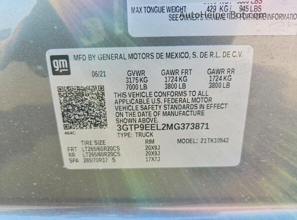 3GTP9EEL2MG373871 2021 GMC SIERRA Silver Widok naklejki z numerem VIN