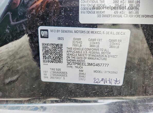 3GTP9EEL3MG457777 2021 GMC SIERRA Black VIN კოდის სტიკერის ხედი
