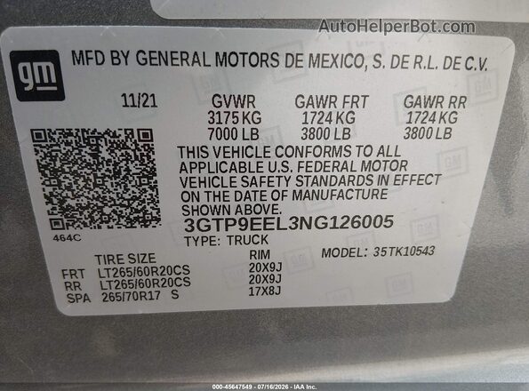 3GTP9EEL3NG126005 2022 GMC SIERRA Silver Widok komory silnika