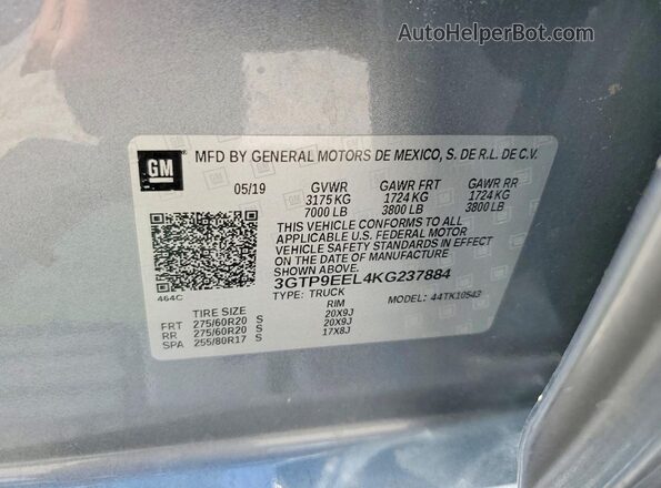 3GTP9EEL4KG237884 2019 GMC SIERRA Gray Вид підкапотного простору