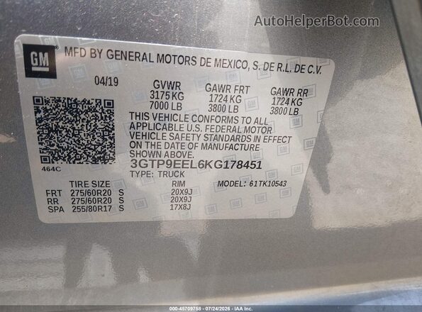 3GTP9EEL6KG178451 2019 GMC SIERRA Gray Widok komory silnika