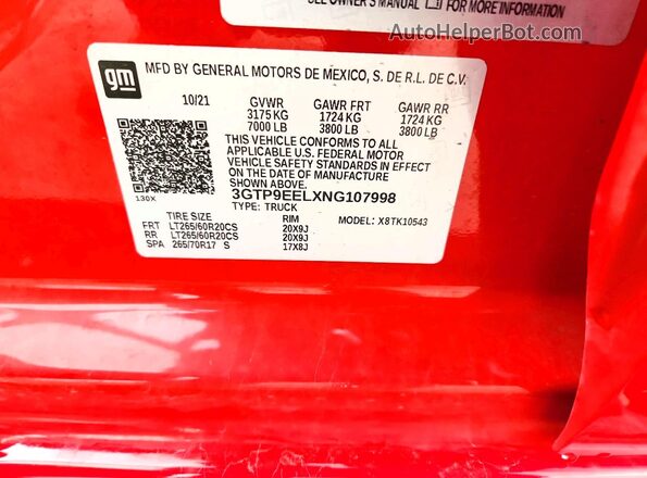 3GTP9EELXNG107998 2022 GMC SIERRA Red VIN sticker view