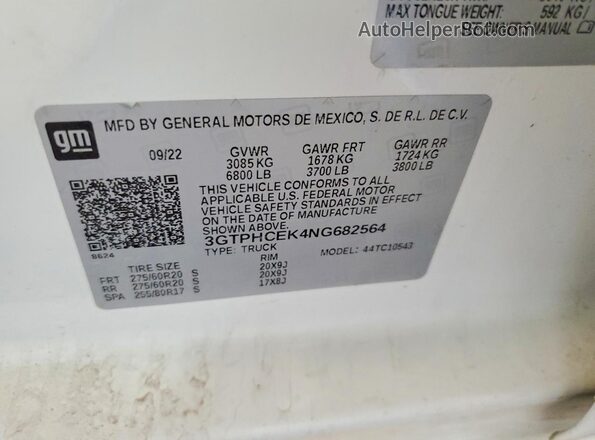 3GTPHCEK4NG682564 2022 GMC SIERRA White Սալոնի հետևի տեսք