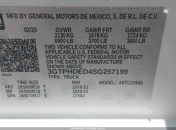 3GTPHDED4SG257199 2025 GMC SIERRA Белый Вид подкапотного пространства