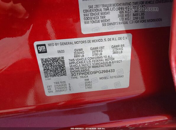 3GTPHDED5PG298433 2023 GMC SIERRA Red Widok komory silnika