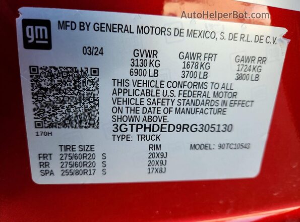 3GTPHDED9RG305130 2024 GMC SIERRA Красный Вид наклейки с VIN-кодом