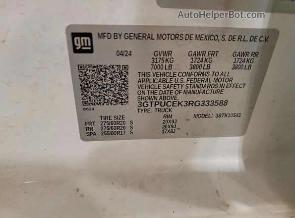 3GTPUCEK3RG333588 2024 GMC SIERRA White VIN კოდის სტიკერის ხედი