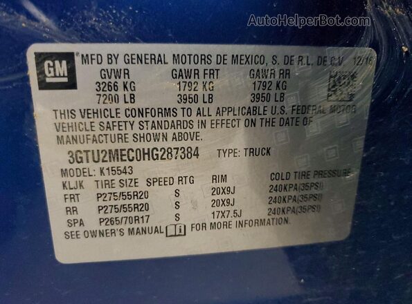 3GTU2MEC0HG287384 2017 GMC SIERRA Blue VIN sticker view