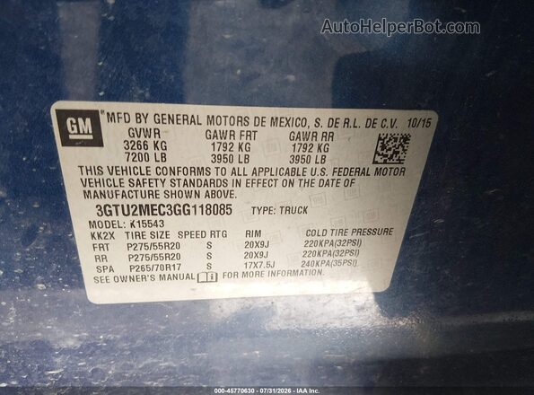 3GTU2MEC3GG118085 2016 GMC SIERRA Blue Engine compartment view
