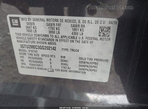 3GTU2MEC3GG292142 2016 GMC SIERRA Black Vista del compartimento del motor