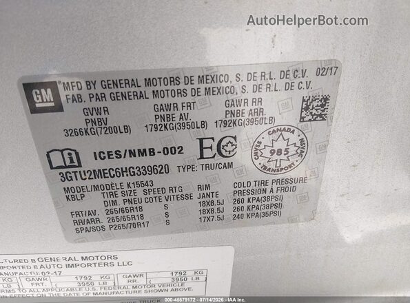 3GTU2MEC6HG339620 2017 GMC SIERRA Gray Engine compartment view