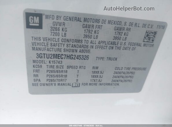 3GTU2MEC7HG245326 2017 GMC SIERRA White Vista del compartimento del motor