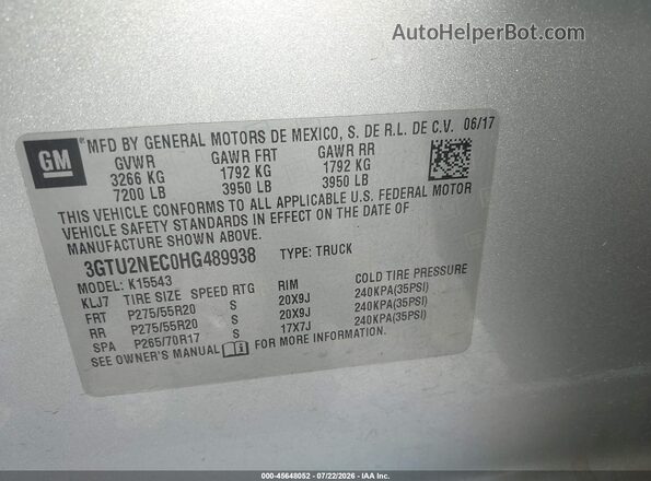 3GTU2NEC0HG489938 2017 GMC SIERRA Silver Вид підкапотного простору