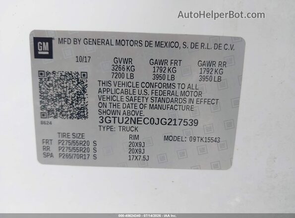 3GTU2NEC0JG217539 2018 GMC SIERRA White ძრავის განყოფილების ხედი