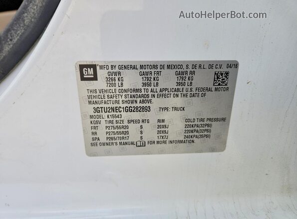 3GTU2NEC1GG282893 2016 GMC SIERRA White VIN კოდის სტიკერის ხედი
