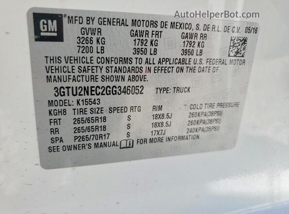 3GTU2NEC2GG346052 2016 GMC SIERRA Белый Вид наклейки с VIN-кодом