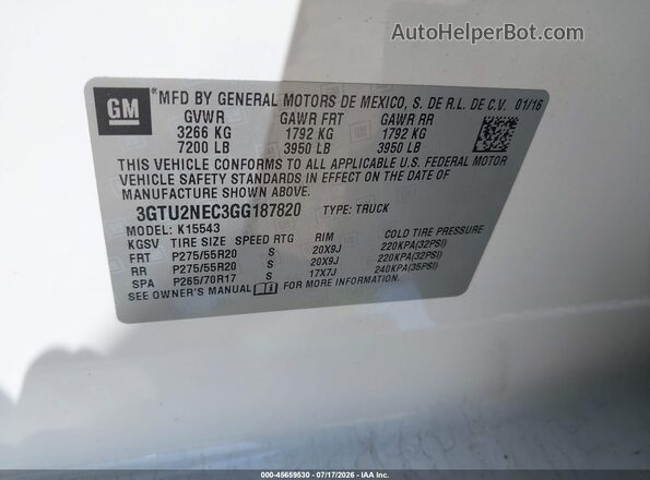 3GTU2NEC3GG187820 2016 GMC SIERRA White Вид підкапотного простору