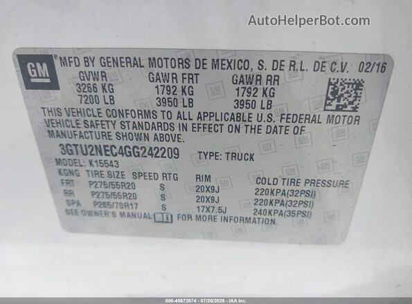 3GTU2NEC4GG242209 2016 GMC SIERRA White Շարժիչի բաժամունքի տեսք