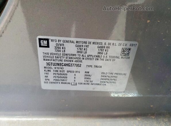3GTU2NEC4HG377952 2017 GMC SIERRA Brown VIN კოდის სტიკერის ხედი