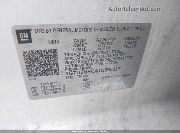 3GTU2NEC4JG565117 2018 GMC SIERRA White Widok komory silnika