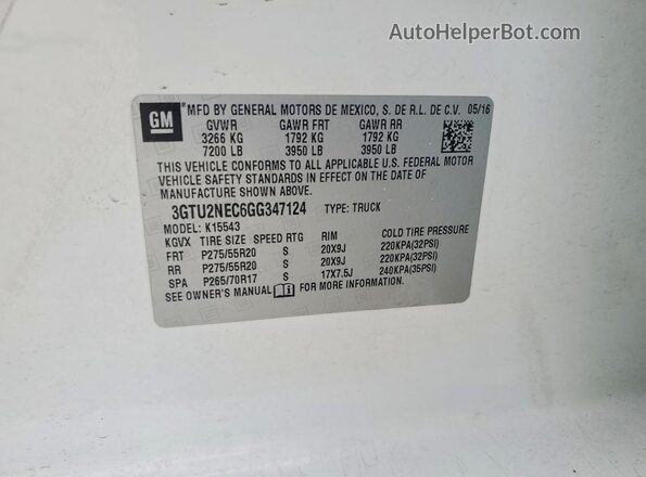 3GTU2NEC6GG347124 2016 GMC SIERRA White ძრავის განყოფილების ხედი