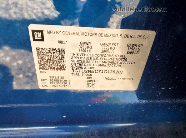 3GTU2NEC7JG138207 2018 GMC SIERRA Blue ძრავის განყოფილების ხედი