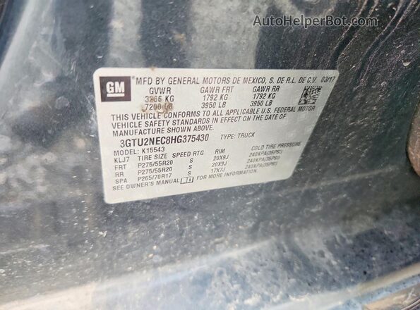 3GTU2NEC8HG375430 2017 GMC SIERRA Gray Widok naklejki z numerem VIN