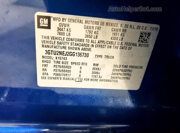 3GTU2NEJ2GG136730 2016 GMC SIERRA Синий Вид наклейки с VIN-кодом