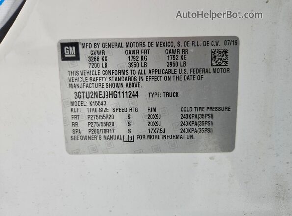 3GTU2NEJ9HG111244 2017 GMC SIERRA White VIN կոդի պիտակի տեսք