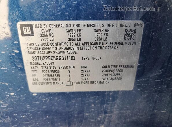 3GTU2PEC5GG311162 2016 GMC SIERRA Синий Вид подкапотного пространства