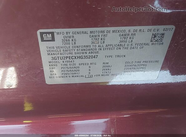 3GTU2PECXHG352047 2017 GMC SIERRA Red Շարժիչի բաժամունքի տեսք