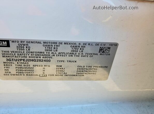 3GTU2PEJ2HG282400 2017 GMC SIERRA White VIN կոդի պիտակի տեսք